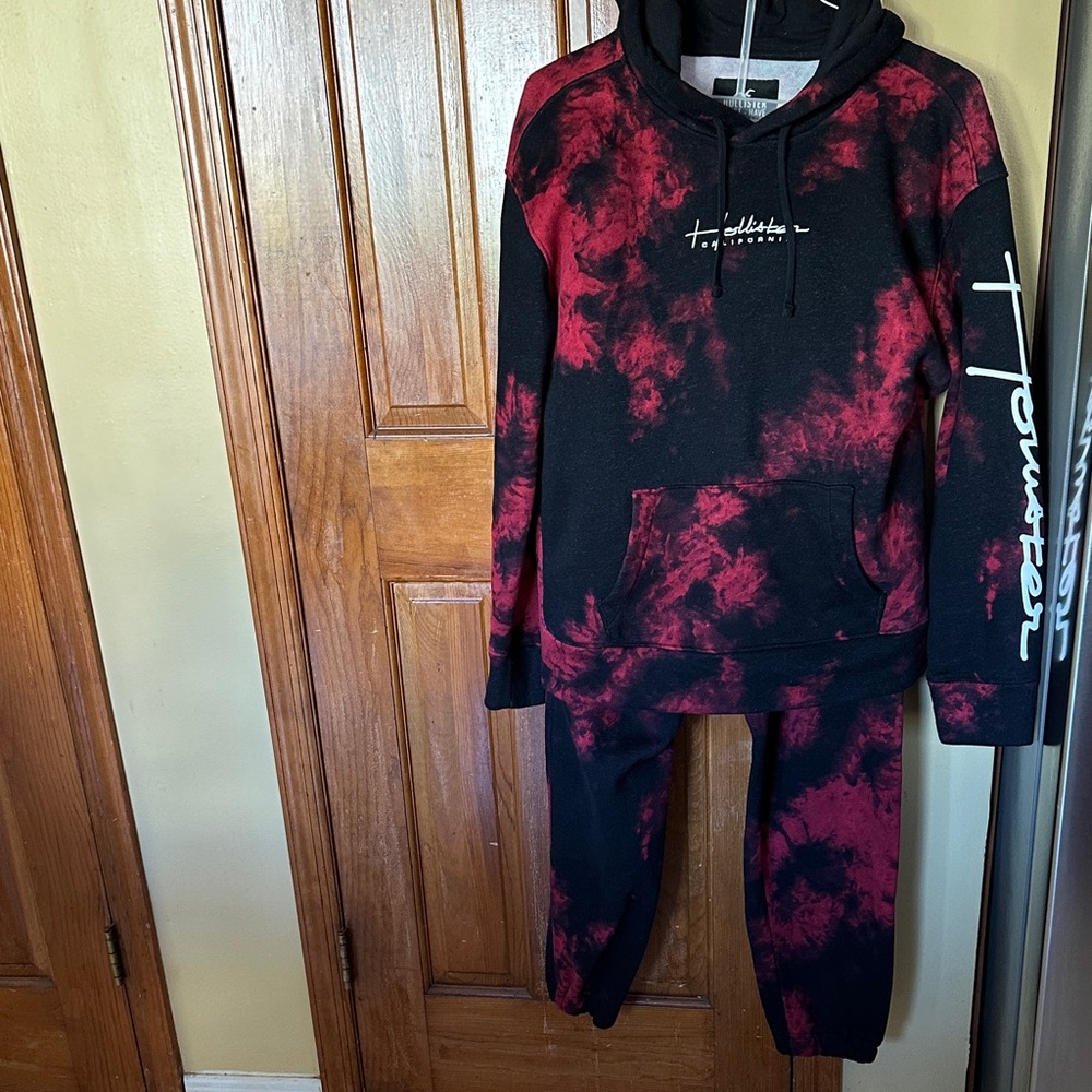 Hollister Black and Red Tie-Dye Hoodie and Sweatpants Set